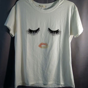 White and Multi Face Eyelashes Lips Tee Shirt